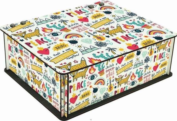 WuW Hippi Özel Desenli 6 Bölmeli Ahşap Çay Kahve Saklama Kutusu - Image 1