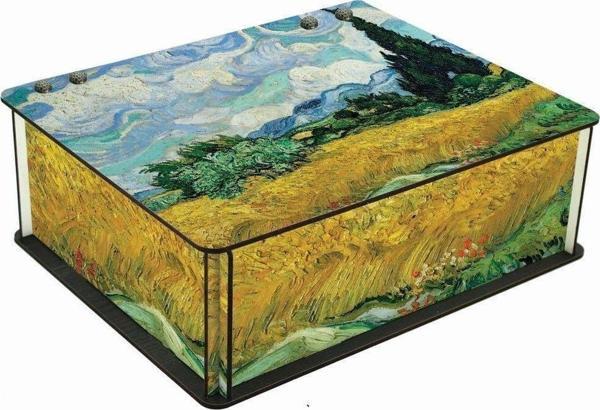WuW Van Gogh Wheatfield Buğday Tarlası 6 Bölmeli Ahşap Çay Kahve Saklama Kutusu - Image 1