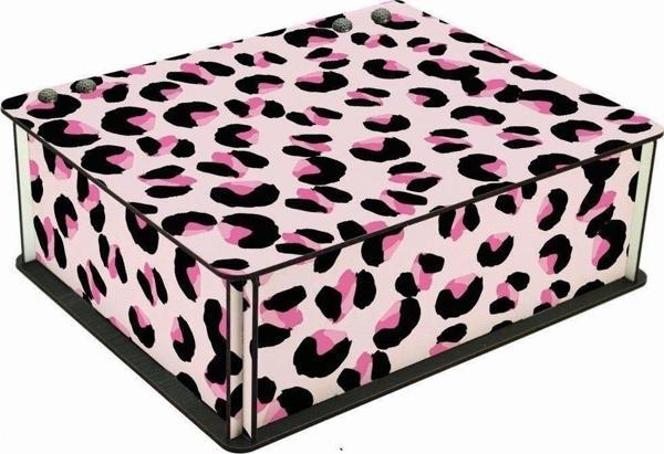 WuW Pembe Leopar Desenli 6 Bölmeli Ahşap Çay Kahve Saklama Kutusu - Image 1