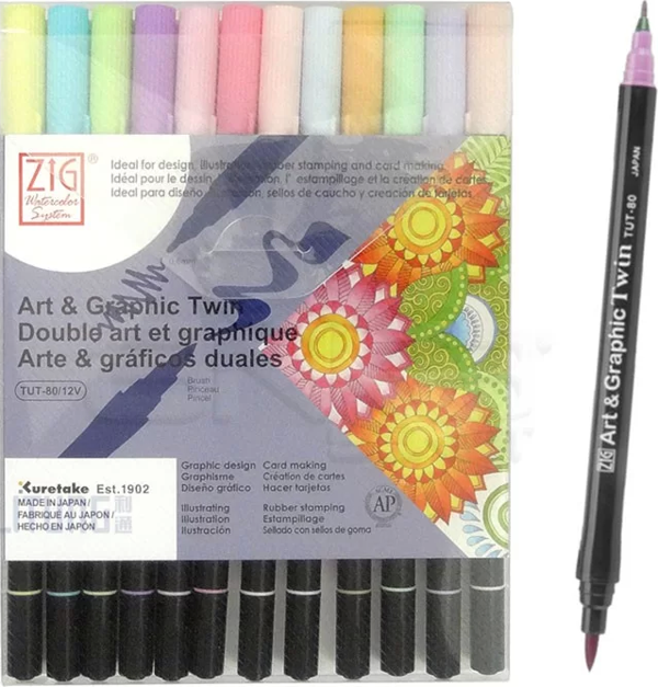 Zig Art & Graphic Twin Brush Pen Çift Uçlu Çizim Kalemi 12li Set Pastel - TUT-80/12VPA - Image 1