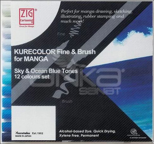 Zig Kurecolor Fine & Brush for Manga 12li Set Blue Tones - Image 1