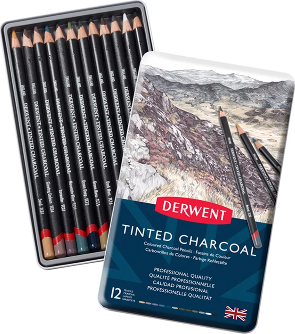 Derwent Tinted Charcoal Sulandırılabilen Renkli Füzen Kalem 12li Set - Image 1