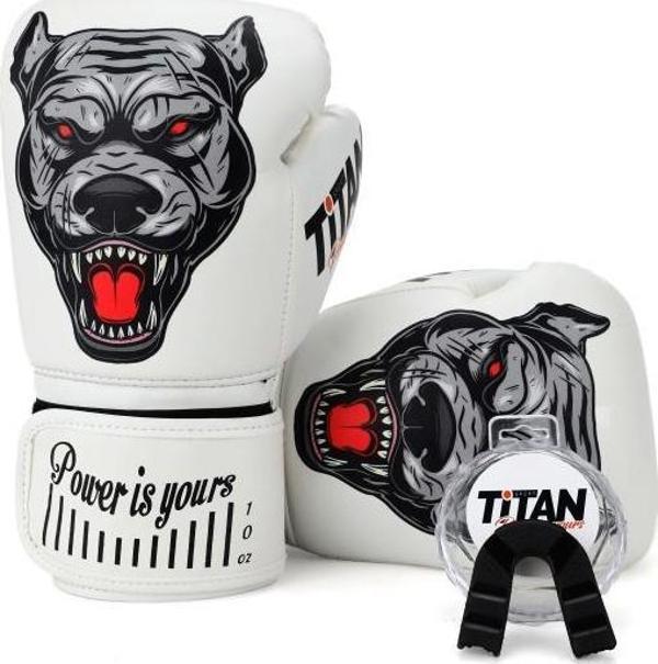 TİTAN SPORT BEYAZ PİTBULL (SİYAH) DESENLİ SET FGR MODEL-7 BOKS ELDİVENİ - Image 1