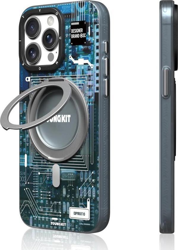 iPhone 15 Pro Max Kılıf Magsafe Şarj Özellikli Youngkit 360° Standlı Technology Serisi Kapak Mavi - Image 1