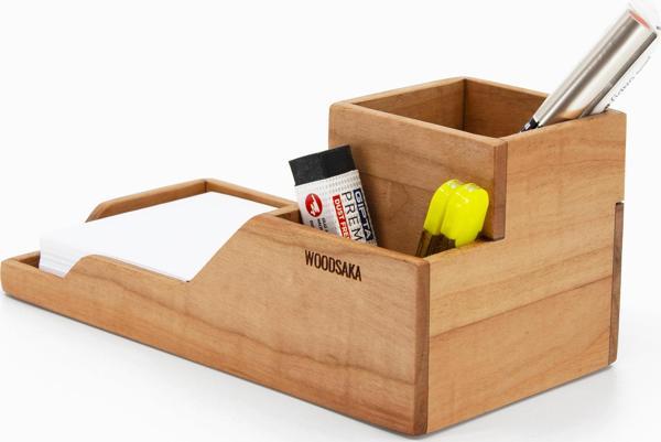 Woodsaka ProKit Çok Amaçlı Organizer - Bölümlü Kalemlik Not Kağıdı Kutusu Ataçlık Bir Arada - Model 6 - Kiraz Ağacından - Image 1