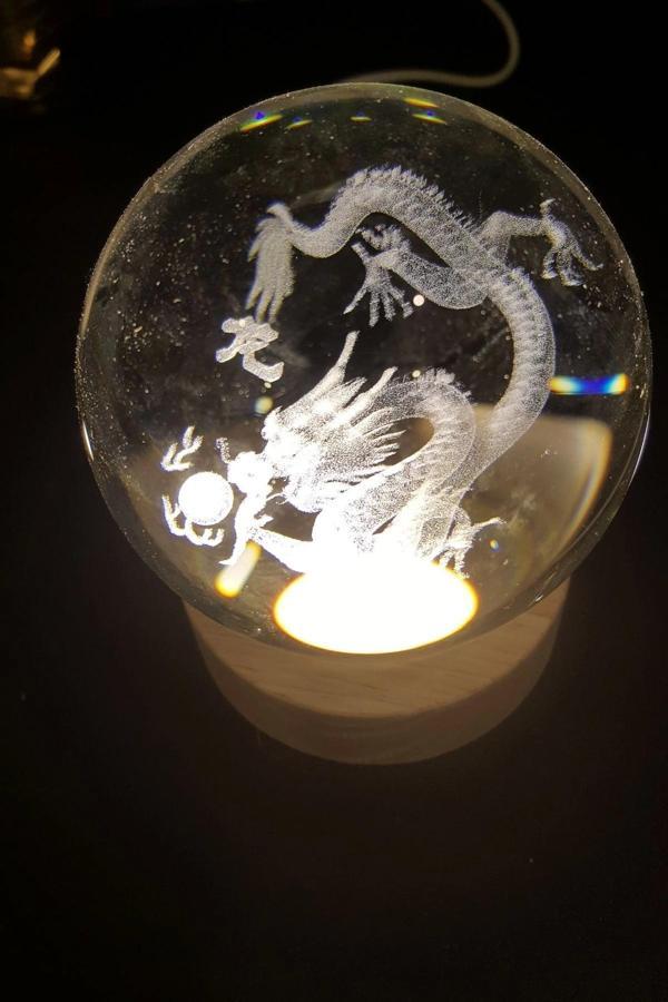 Dragon Ejderha 3D Led Işık Cam Küre Tek Renk Gece Lambası Feng Shui 8 cm Mega Boy Koruyucu - Image 1