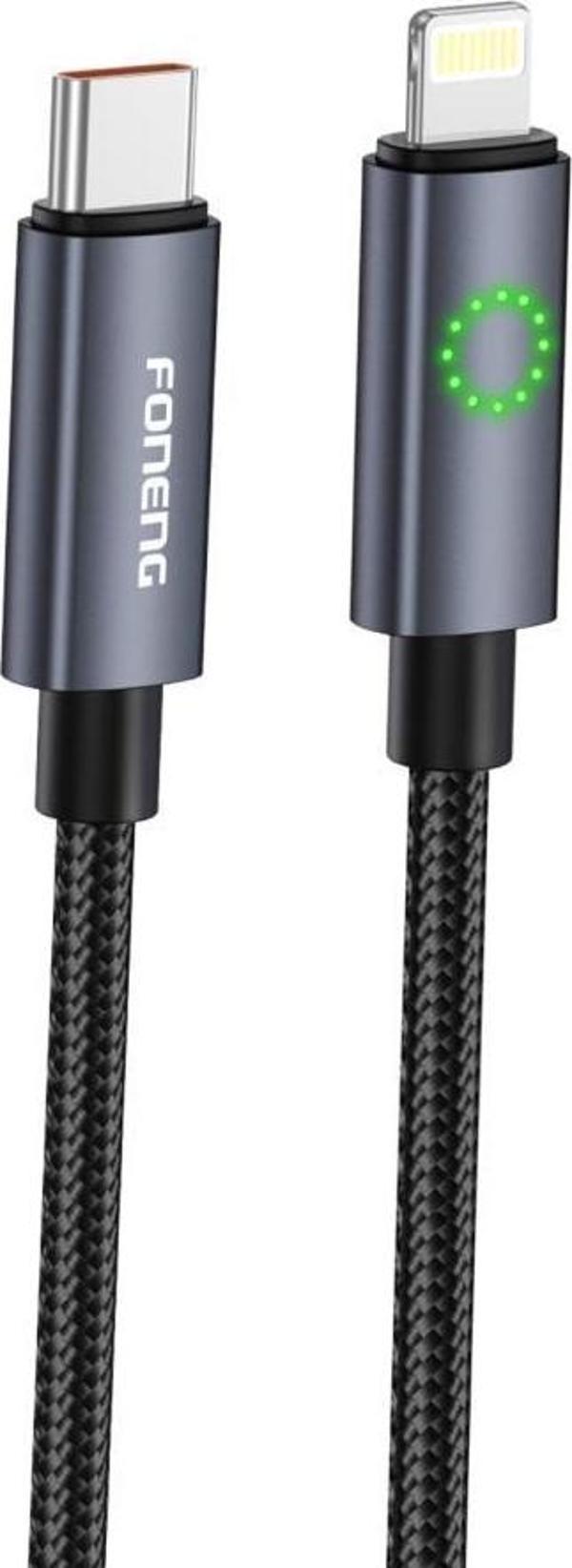 FONENG XS08 27W Led Işıklı PD Type-c to Lightning Şarj Data Kablosu İp Örgülü 1,2M - Image 1