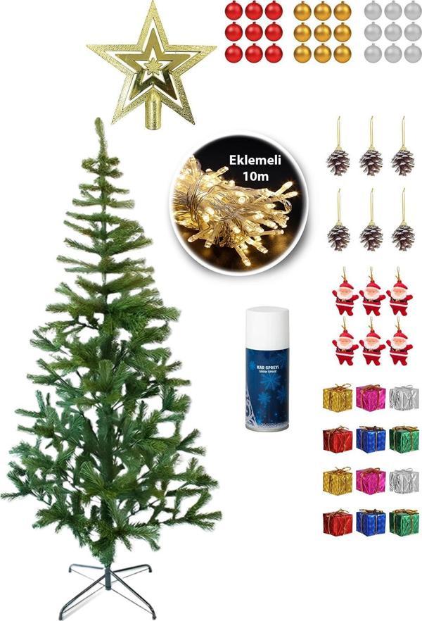 55 Parça Yılbaşı Seti 180 Cm Yılbaşı Çam Ağacı + Eklemeli 10 Metre Led + Kar Spreyi + Ağaç Süsü Set - Image 1