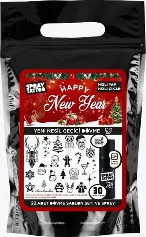Happy New Year Pack Dövme Şablon Seti ve Siyah Sprey - Image 1