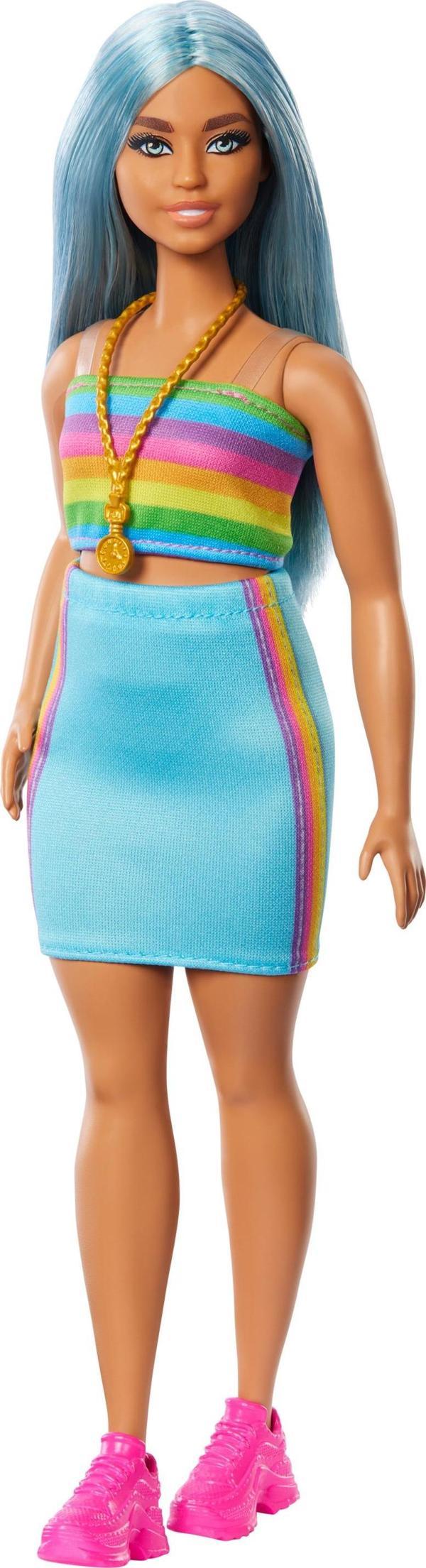 Barbie Büyeleyici Parti Bebekleri Fashionistas oyuncak No. 218, Uzun Mavi Saçlı, Gökkuşağı Üst ve Turkuaz Etek - Image 1