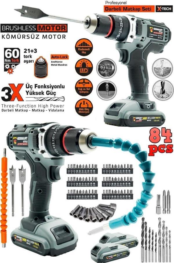 Germany Style Alman Ms-658 84 Parça Kömürsüz Darbeli Çelik Mandren Matkap Akülü Vidalama - Image 1
