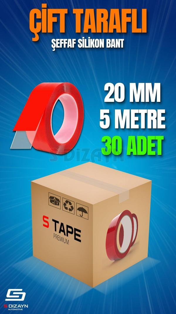 S-Dizayn Çift Taraflı Bant 20mm x 5 Metre Şeffaf Silikon VHB Bant 30'lu Koli A+Kalite - Image 1