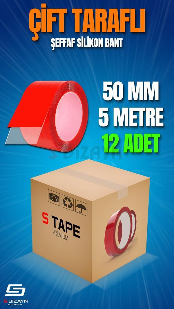S-Dizayn Çift Taraflı Bant 50mm x 5 Metre Şeffaf Silikon VHB Bant 12'li Koli A+Kalite - Image 1