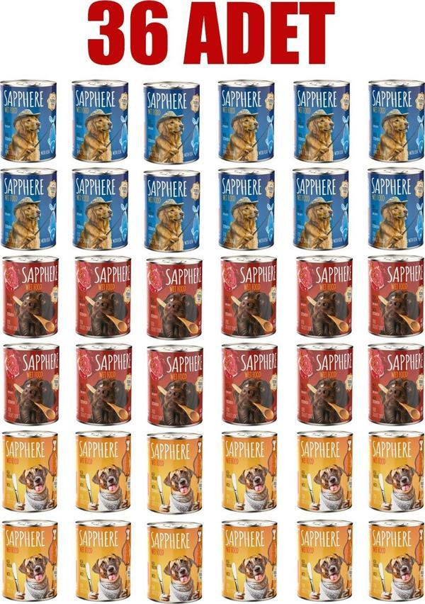 Sapphere Karışık (Kırmızı Etli -Kümes Hayvanlı -Balıklı) Yetişkin Köpek Maması Konserve 400 Gr 36 Adet - Image 1