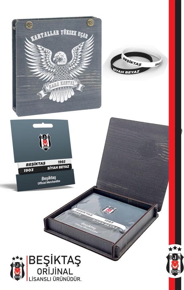 Beşiktaş Orijinal Lisanslı 2'li Siyah-Beyaz  Silikon Çocuk Bileklik Hediyelik Ahşap Kutulu - Image 1