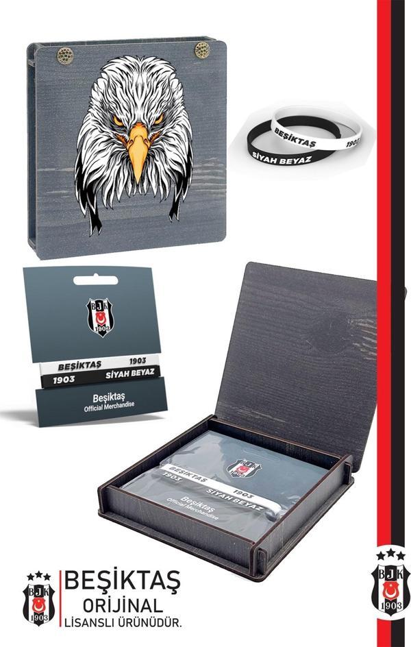 Beşiktaş Orijinal Lisanslı 2'li Siyah-Beyaz Silikon Yetişkin Bileklik Kanarya Baskılı Ahşap Kutulu - Image 1