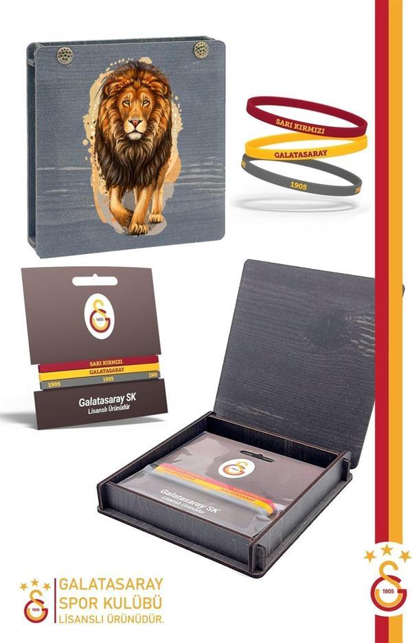 Galatasaray Orijinal Lisanslı 3'lü Silikon Çocuk Bileklik Aslan Baskılı Hediyelik Ahşap Kutulu - Image 1