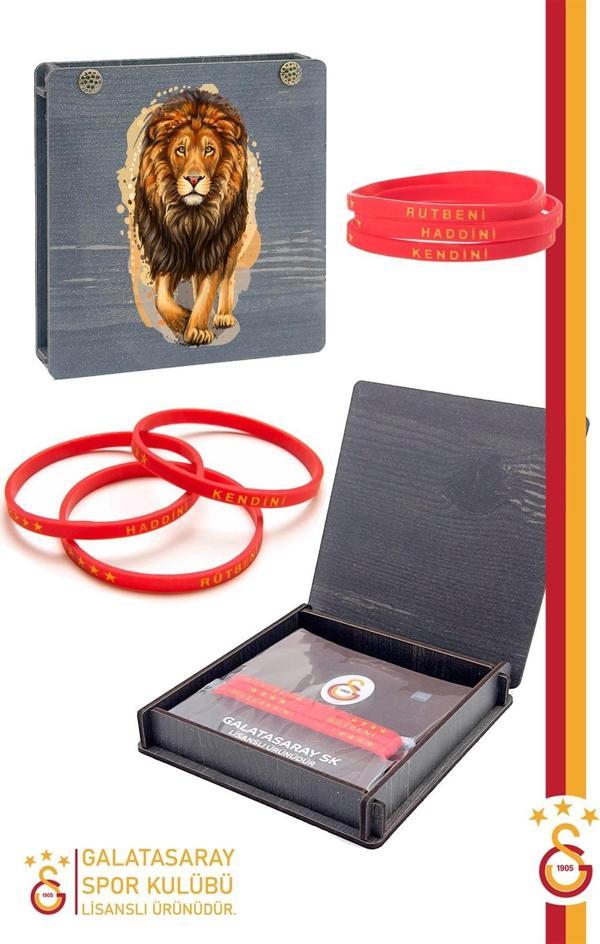 Galatasaray Orijinal Lisanslı 3'lü Silikon Yetişkin Bileklik Aslan Baskılı Hediyelik Ahşap Kutulu - Image 1