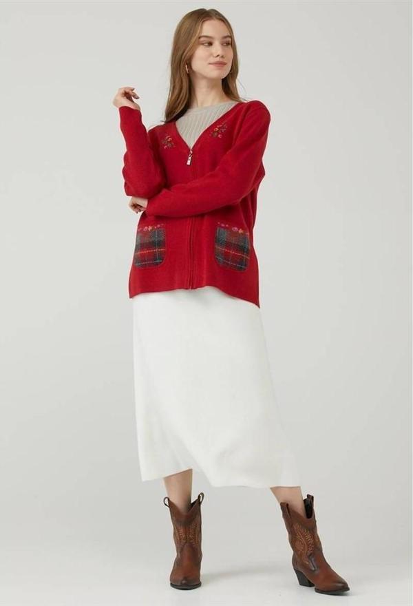 Sementa Nakışlı Cepli Fermuarlı Bayan Triko Ceket - Image 1