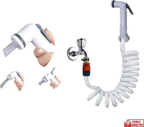 Plasyay Spiral Mandallı Şattaf Başlıklı Sulama Yıkama Ayarlı Set Beyaz 2 Metre Yerli - Image 1