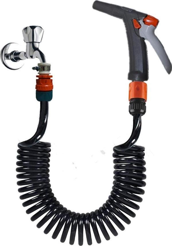 Plasyay Spiral Yıkama  Hortumu Kelepçe Adaptörlü Ve Yeni Fiskiye Başlıklı Siyah Inci 5 Metre Set - Image 1