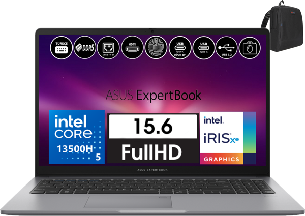 Asus Expertbook P1 P1503 Intel Core I5-13500H 24GB Ddr5 256GB SSD WINDOWS11HOME 15.6 Fhd Taşınabilir Bilgisayar EXP1503CVAI58512S0H11 + Zetta Çanta - Image 1