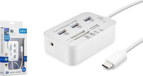 Hadron HDX7029 Type-C 3.1 - 3xUSB 3.0 Hub + MS/SD/M2/TF Kart Okuyuculu Type Çoklayıcı - Beyaz - Image 1