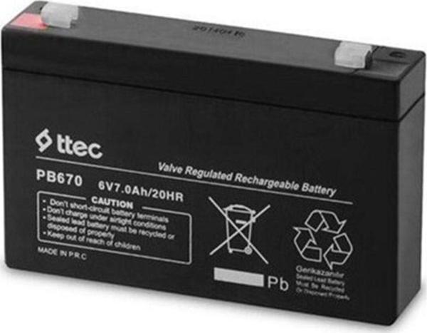 Ttec Siyah Renk 6 Volt 7 Amper Bakımsız Kuru Akü Elektronik Cihaz Aküsü Şarj Edilebilir Akü - Image 1