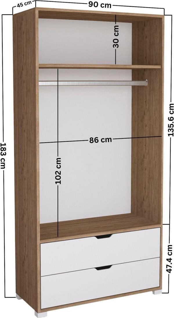 Midoser 90 Cm Açık Ceviz-Beyaz 2 Kapılı 2 Çekmeceli Elbise Dolabı - Gardırop - Image 1