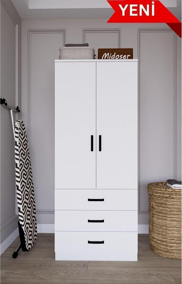 Midoser Easy Mat Beyaz 2 Kapılı 3 Çekmeceli Gardırop - Image 1