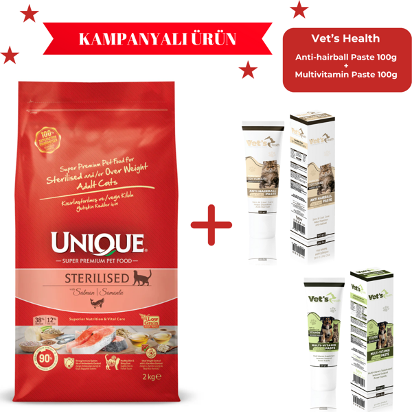 Unique Sterilised Kısırlaştırılmış Kedi Maması Somonlu 2 kg -Anti-hairball ve Multivitamin Hediyeli - Image 1