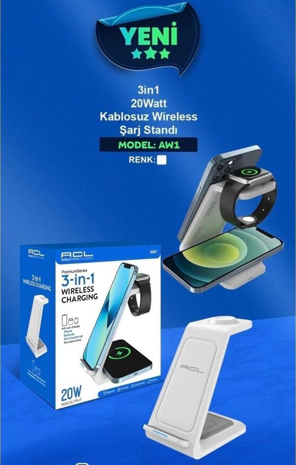 ACL Aw1 - 20W Iphone  Watch / Android 3İn1  Kablosuz Wireless Şarjlı Standı One Size - Image 1