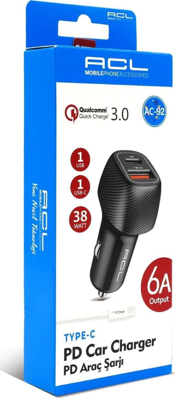 ACL Gkxy Q.C 3.0 6 Amper Araç Içi Çakmaklık Type-C Kablolu Şarj Usb - Type-C Life New 657515 - Image 1