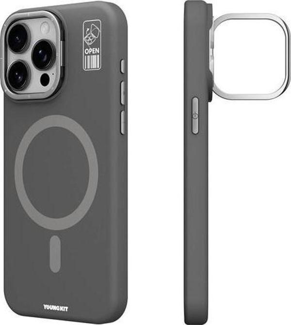 YoungKit İphone 15 Pro Kılıf Magsafe Şarj Özellikli Kamera Standlı Silikon Bitty Cream Kapak Gri - Image 1