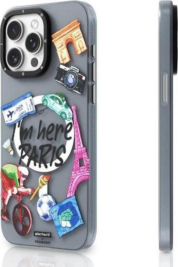 YoungKit İphone 15 Pro Max Uyumlu Kılıf Magsafe Şarj Özellikli In Paris Serisi Kapak Gri - Image 1