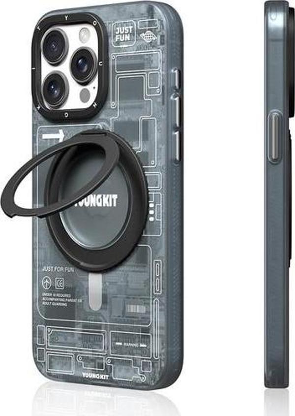 YoungKit İphone 15 Pro Uyumlu Kılıf Magsafe Şarj Özellikli 360° Standlı Technology Serisi Kapak Gri - Image 1