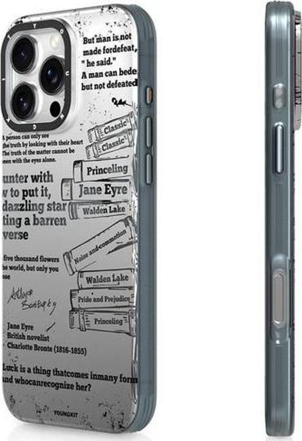 YoungKit İphone 16 Pro Max Uyumlu Kılıf Magsafe Şarj Özellikli Literary Serisi Classic Kapak Gri - Image 1