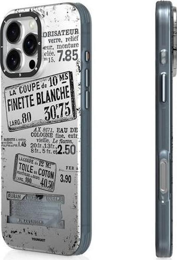 YoungKit İphone 16 Pro Max Uyumlu Kılıf Magsafe Şarj Özellikli Literary Serisi Retro Magz Kapak Gri - Image 1