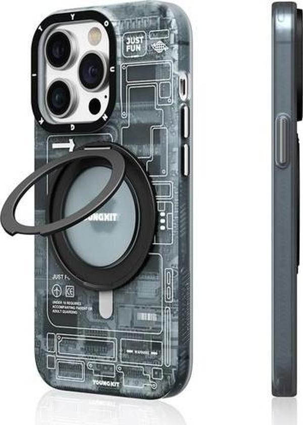 YoungKit İphone 14 Pro Uyumlu Kılıf Magsafe Şarj Özellikli 360° Standlı Technology Serisi Kapak Gri - Image 1