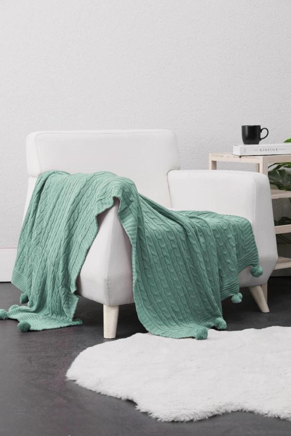 Biocotton Triko Ponponlu Tv Battaniyesi - Yeşil - Image 1