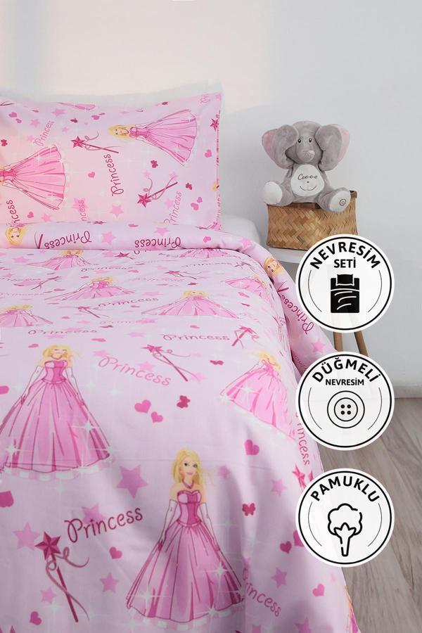 Prenses Desen Pamuklu Ranforce Tek Kişilik Nevresim Seti - Pembe - Image 1