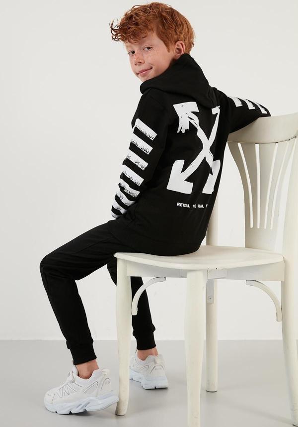 Lela Pamuklu Baskılı Kapüşonlu Cepli Erkek Çocuk Takım 5922016 SİYAH - Image 1