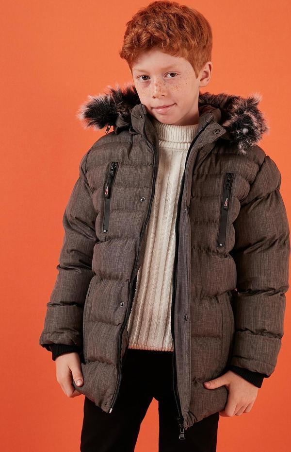 Lela İçi Peluş Astarlı Çıkarılabilir Kapüşonlu Cepli Kışlık Erkek Çocuk Mont 5760024 GRİ - Image 1