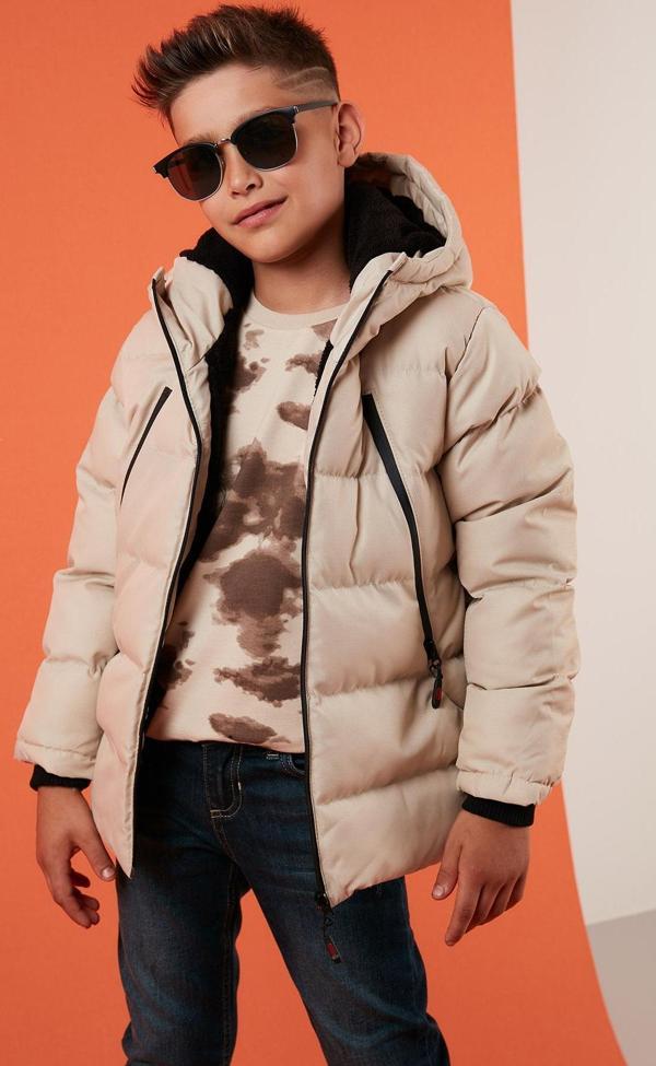 Lela İçi Peluş Astarlı Fermuarlı Cepli Kapüşonlu Şişme Erkek Çocuk Mont 5760040 TAŞ - Image 1