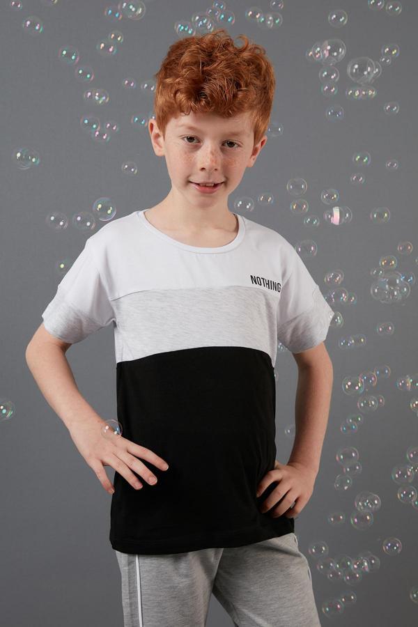 Lela Renk Bloklu Bisiklet Yaka Pamuklu Erkek Çocuk T Shirt 6211013 GRİ MELANJ - Image 1