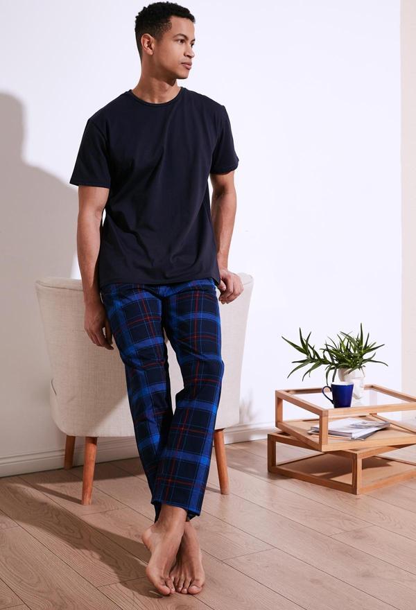 Buratti Ekoseli Pamuklu Regular Fit Kısa Kollu Erkek Pijama Takımı 6572006 LACİVERT-SAKS - Image 1