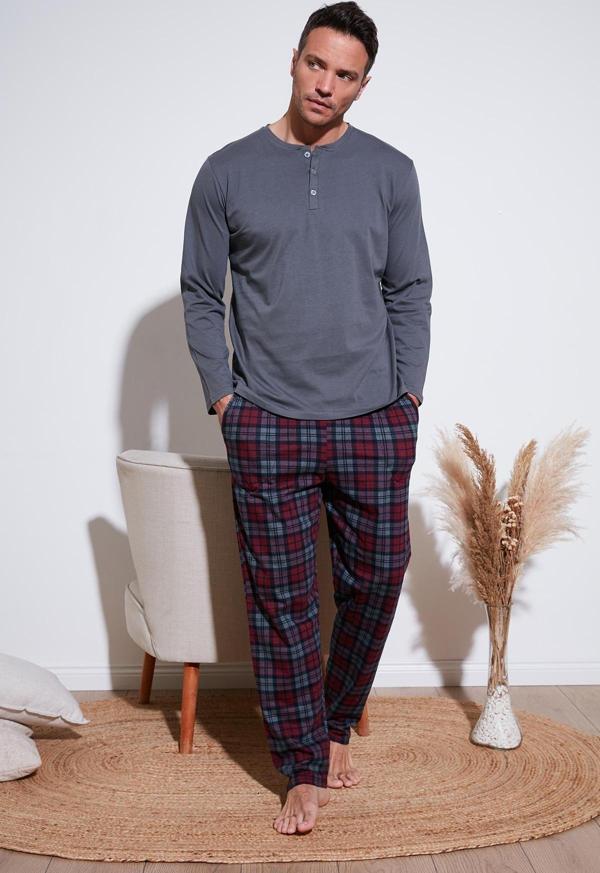 Buratti Ekoseli Pamuklu Beli Lastikli Regular Fit Uzun Kollu Erkek Pijama Takımı 6572003 FÜME - Image 1