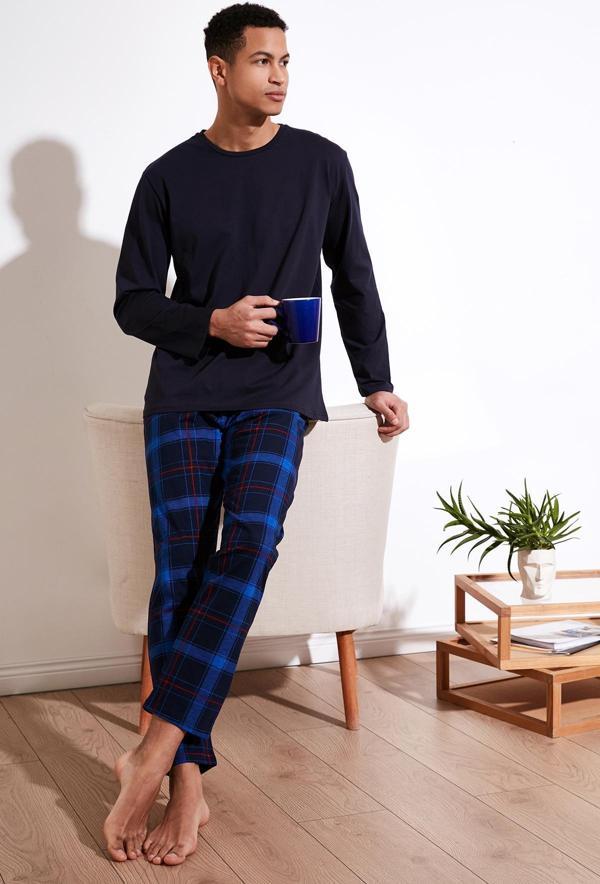 Buratti Ekoseli Pamuklu Regular Fit Uzun Kollu Erkek Pijama Takımı 6572005 LACİVERT-SAKS - Image 1