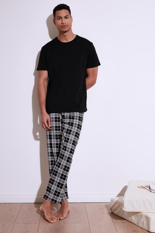 Buratti Ekoseli Pamuklu Regular Fit Kısa Kollu Erkek Pijama Takımı 6572006 SİYAH - Image 1