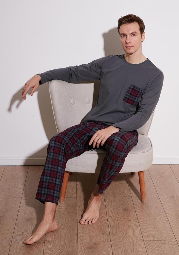 Buratti Ekoseli Cepli Beli Lastikli % 100 Pamuk Regular Fit Erkek Pijama Takımı 6572001 ANTRASİT - Image 1